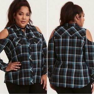 TORRID - HARPER CRINKLE FLANNEL GAUZE COLD SHOULDER LONG SLEEVE BLOUSE